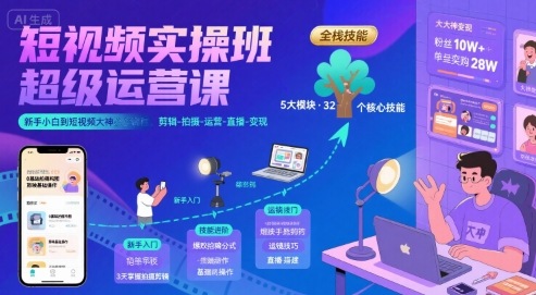 短视频实操班超级运营课，新手小白到短视频大神必修课程，剪辑-拍摄-运营-直播-变现-DE云网创