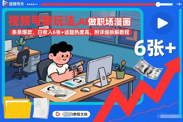 视频号新玩法，AI做职场漫画，条条爆款，日收入6张+话题热度高，附详细拆解教程-DE云网创