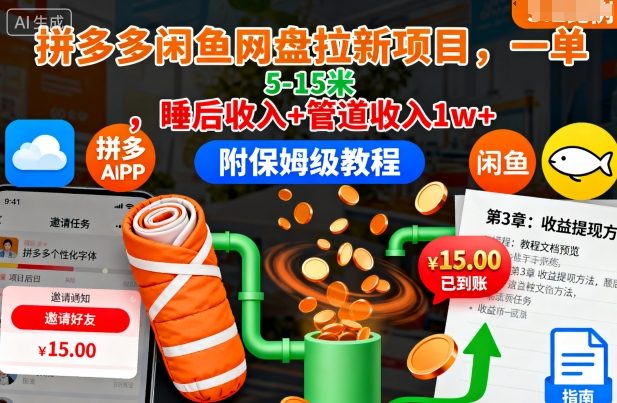 拼多多闲鱼网盘拉新项目，一单5-15米，睡后收入+管道收入1w+(附保姆级教程)-DE云网创