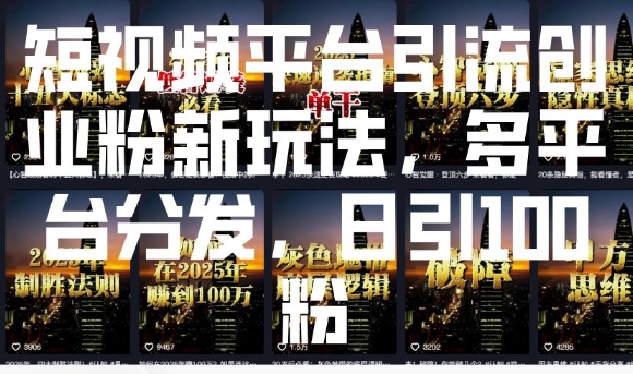 短视频平台引流创业粉新玩法，多平台分发，日引100粉-DE云网创