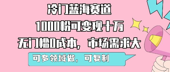 冷门蓝海赛道，1000粉可变现十W，无门槛0成本，市场需求大，可多领域做，可复制性强-DE云网创