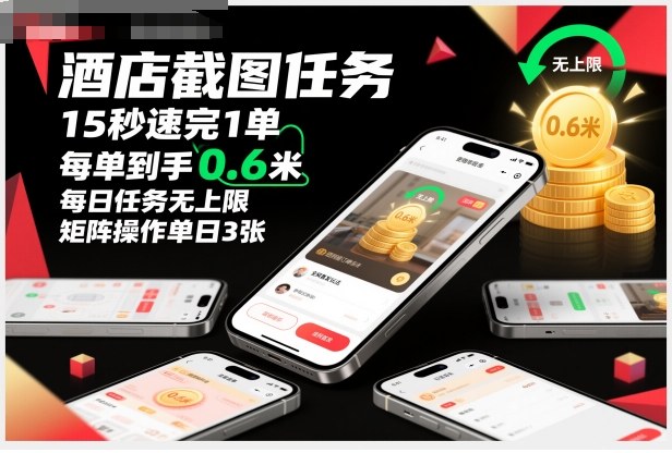 酒店截图任务，15秒速完1单，每单到手0.6米，每日任务无上限，全网首发玩法，矩阵操作单日3张【揭秘】-DE云网创