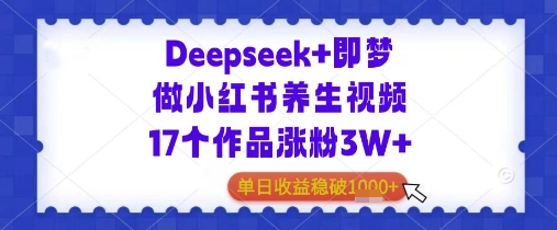 Deepseek+即梦做小红书养生视频17个作品涨粉3W+单日收益几张-DE云网创
