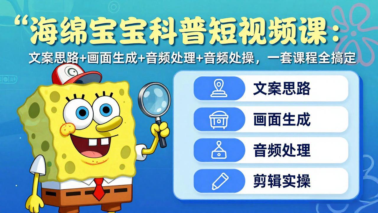 海绵宝宝科普短视频课：文案思路+画面生成+音频处理+剪辑实操，一套课程全搞定-DE云网创