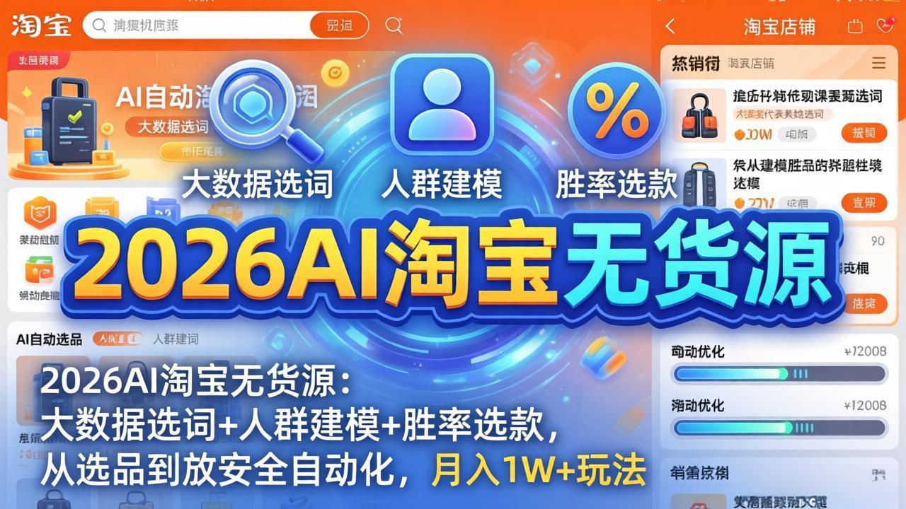 2026AI淘宝无货源：大数据选词+人群建模+胜率选款，从选品到放大全自动化，月入1W+玩法-DE云网创
