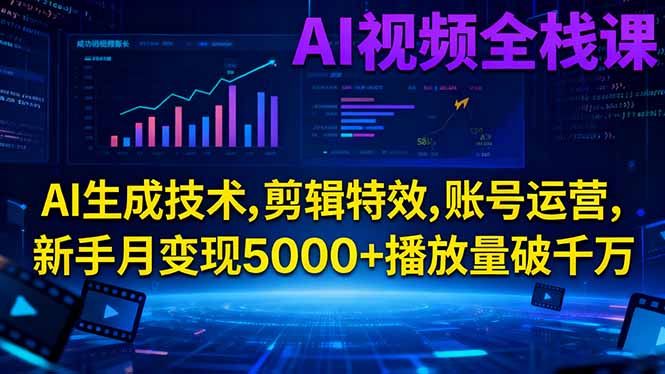 AI视频全栈课:AI生成技术,剪辑特效,账号运营,新手月变现5000+播放量破千万-DE云网创