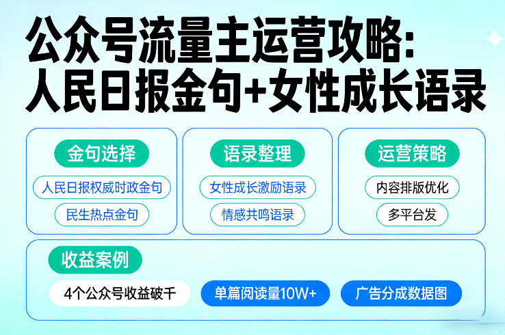 利用人民日报金句+女性成长语录做公众号流量主，4个公众号收益破千-DE云网创