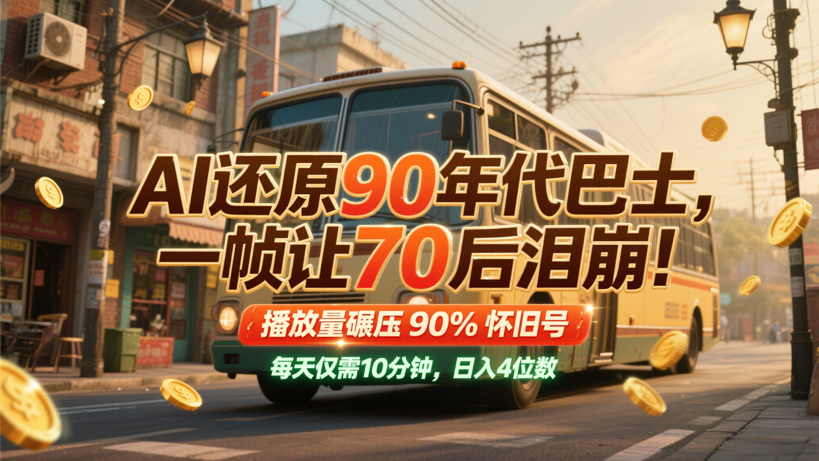 AI还原90年代巴士，一帧让70后泪崩！播放量碾压90%怀旧号，每天10分钟，日入4位数-DE云网创