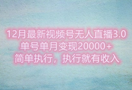 12月最新视频号无人直播3.0，单号单月变现过w，简单执行，执行就有收入-DE云网创