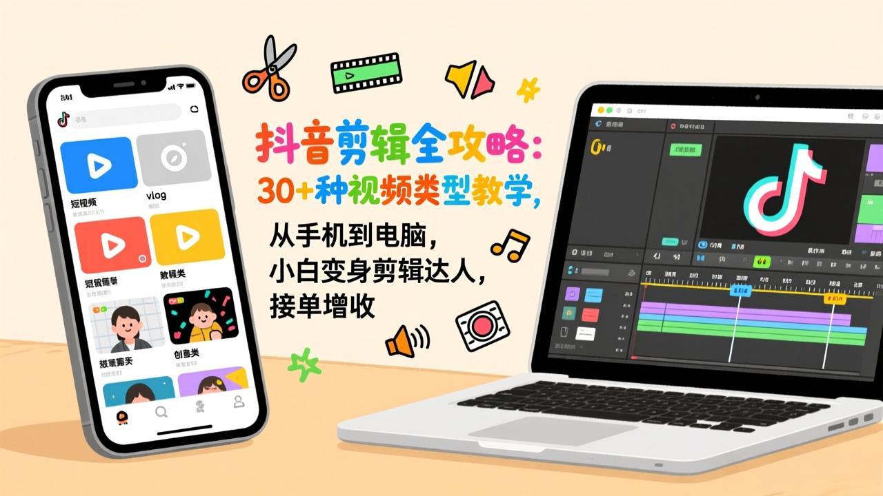 抖音剪辑全攻略：30+种视频类型教学，从手机到电脑，小白变身剪辑达人，接单增收-DE云网创