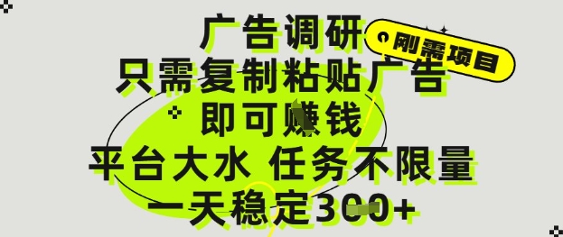 广告调研项目，只需复制粘贴广告即可挣钱，平台大水，任务不限量，一天3张【揭秘】-DE云网创