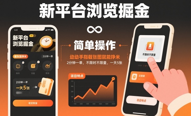 新平台浏览掘金，动动手指截张图就能挣米，2分钟一单，不限时不限量，一天5张【揭秘】-DE云网创