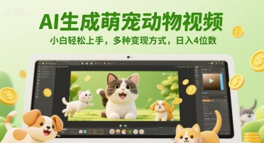 AI生成萌宠动物视频，小白轻松上手，多种变现方式，日入4位数-DE云网创