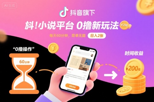 抖音旗下小说平台0撸新玩法，每天挂G60分钟，简单无脑，日入2张【揭秘】-DE云网创