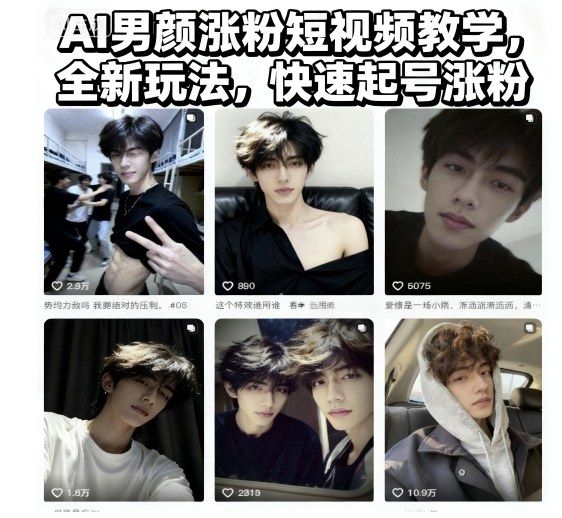 AI男颜涨粉短视频教学，全新玩法，快速起号涨粉-DE云网创