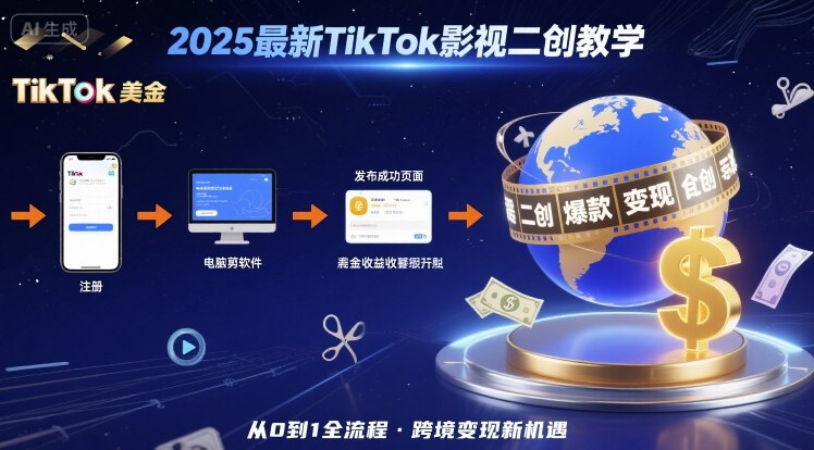 2025年最新TikTok影视二创教学，从注册到发布撸美金全流程，跨境变现新机遇-DE云网创