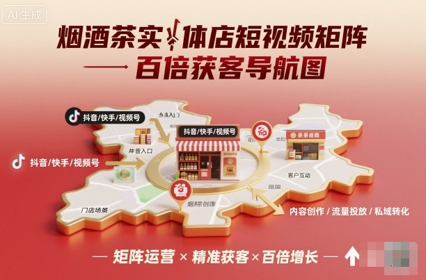 烟酒茶实体店短视频矩阵百倍获客导航图-DE云网创