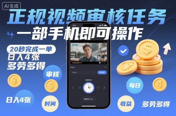 正规视频审核任务，一部手机即可操作，20秒完成一单，日入4张，多劳多得【揭秘】-DE云网创