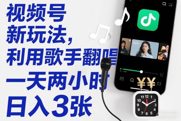 视频号新玩法，利用歌手翻唱，一天两小时，日入3张-DE云网创
