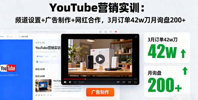 YouTube营销实训：频道设置+广告制作+网红合作，3月订单42w刀月询盘200+-DE云网创