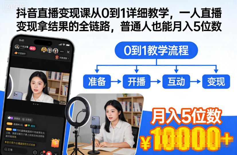 抖音直播变现课从0到1详细教学，一人直播变现拿结果的全链路，普通人也能月入5位数-DE云网创