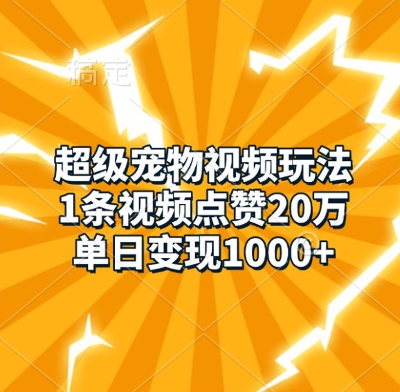 超级宠物视频玩法，1条视频点赞20万，单日变现1k-DE云网创