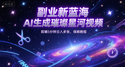 副业新蓝海，AI生成璀璨星河视频，剪辑5分钟日入多张，保姆教程-DE云网创