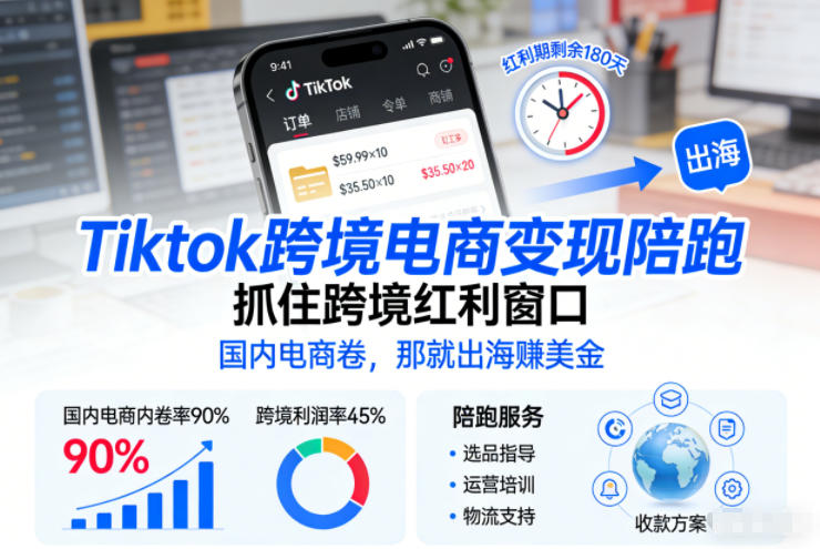 Tiktok跨境电商变现陪跑，抓住跨境红利窗口，国内电商卷，那就出海賺美金-DE云网创