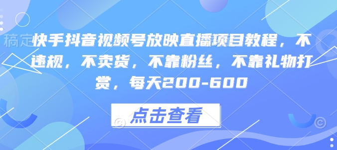 快手抖音视频号放映直播项目教程，不违规，不卖货，不靠粉丝，不靠礼物打赏，每天200-600-DE云网创