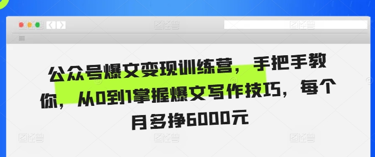 公众号爆文变现训练营，手把手教你，从0到1掌握爆文写作技巧，每个月多挣6000元-DE云网创