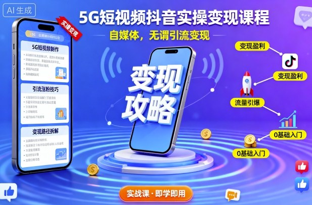 5G短视频抖音实操变现课程，自媒体，无谓引流变现-DE云网创
