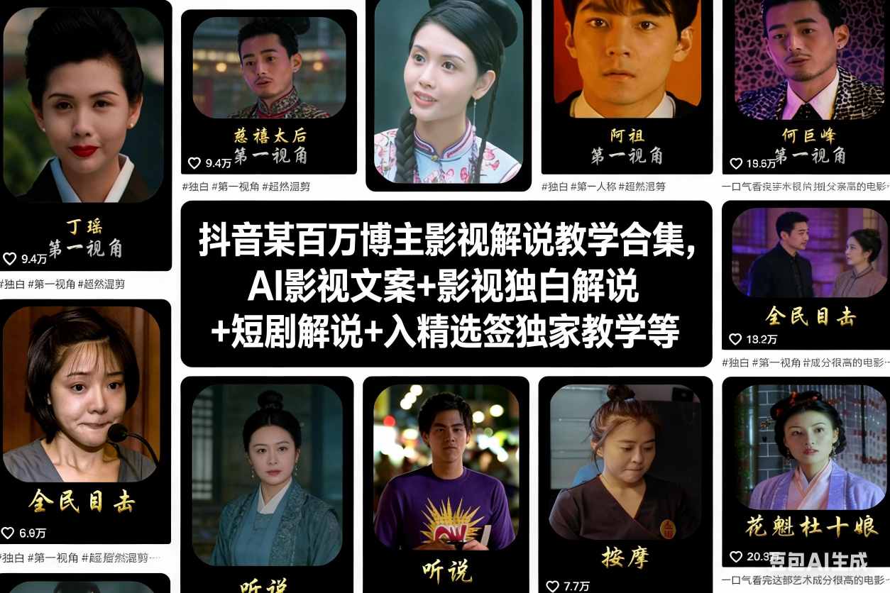 抖音某百万博主影视解说教学合集,AI影视文案+影视独白解说+短剧解说+入精选签独家教学等-DE云网创