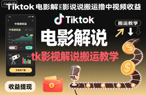 Tiktok电影解说搬运撸中视频收益，tk影视解说搬运教学-DE云网创
