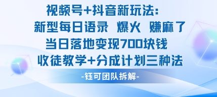 视频号加抖音新玩法：爆火新型每日语录，收徒教学加分成计划，三种变现玩法，当日变现7张-DE云网创