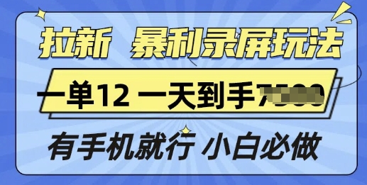 拉新暴利录屏玩法，一单12块，有手机就行，小白必做-DE云网创