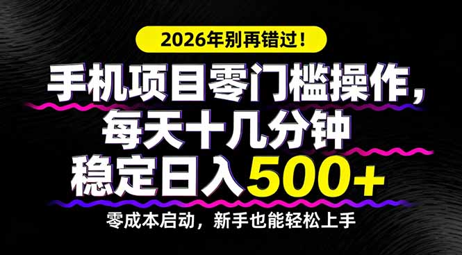 2026年别再错过！手机项目零门槛操作，每天十几分钟稳定日入500+-DE云网创