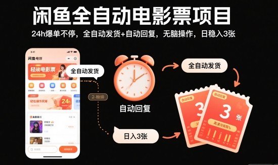 闲鱼全自动电影票项目，24h爆单不停，全自动发货+自动回复，无脑操作，日稳入3张【揭秘】-DE云网创