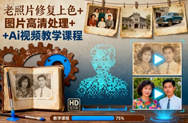 老照片修复上色+图片高清处理+Ai视频教学课程-DE云网创