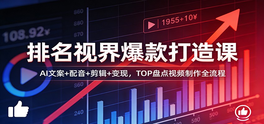 排名视界爆款打造课:AI文案+配音+剪辑+变现,TOP盘点视频制作全流程-DE云网创