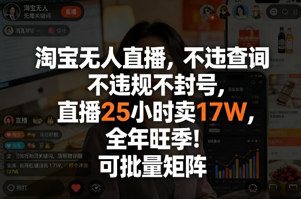 淘宝无人直播，不违规不封号，直播25小时卖17W，全年旺季！可批量矩阵【揭秘】-DE云网创