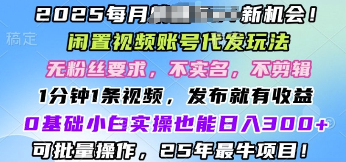 2025闲置视频账号一键代发玩法，0粉不实名不剪辑，领了视频直接发，0基础小白也能日入3张-DE云网创