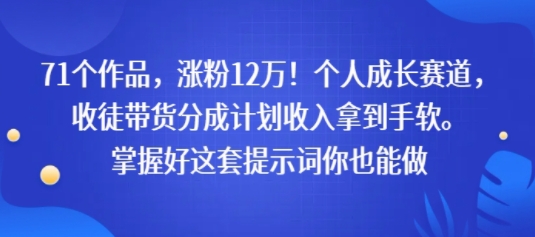 71个作品,涨粉12W!个人成长赛道,收徒带货分成计划收入拿到手软,掌握好这套提示词你也能做-DE云网创