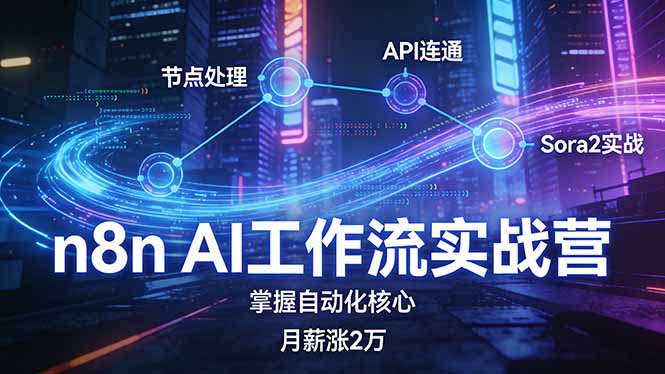 n8n AI工作流实战营，节点处理+API连通+Sora2实战，掌握自动化核心月薪涨2万-DE云网创