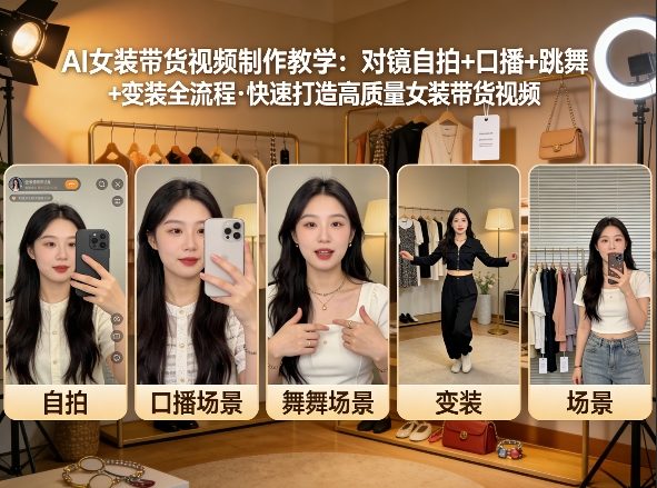 AI女装带货视频制作教学,对镜自拍、口播、跳舞、变装全流程,快速打造高质量女装带货视频-DE云网创