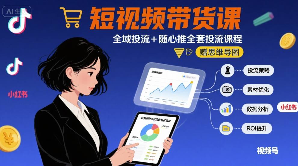 最新短视频带货课，全域投流+随心推全套投流课程+思维导图-DE云网创