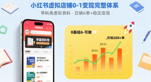 小红书虚拟店铺0-1变现完整体系：卖学科类虚拟资料，一天6张+，很稳定【已完结】-DE云网创