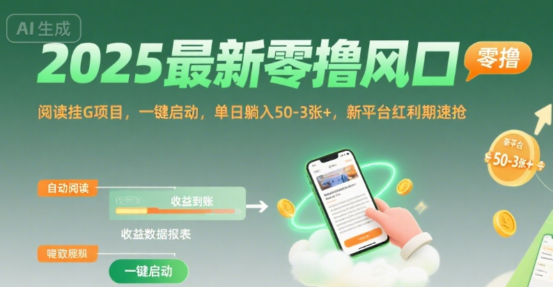 2025最新零撸风口，阅读挂G项目，一键启动，单日躺入 50-3张+，新平台红利期速抢【揭秘】-DE云网创