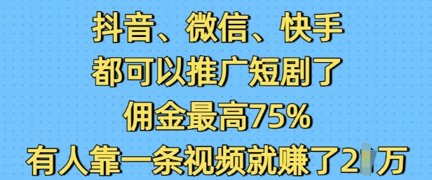 抖音微信快手都可以推广短剧了，佣金最高75%，有人靠一条视频就挣了2W-DE云网创