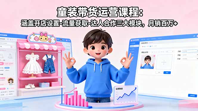 童装带货运营课程：涵盖开店设置-流量获取-达人合作三大模块，月销百万+-DE云网创