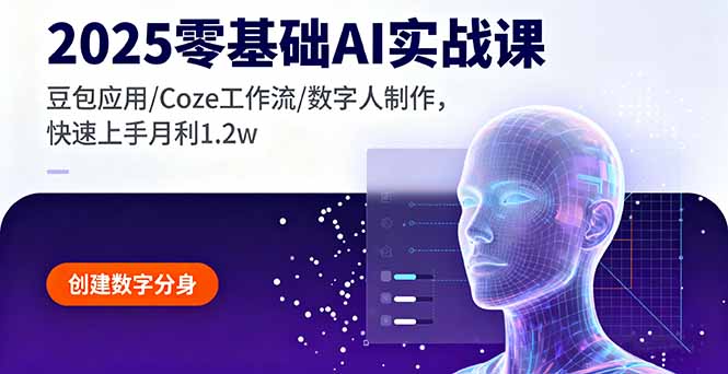 2025零基础AI实战课，豆包应用/Coze工作流/数字人制作，快速上手月利1.2w-DE云网创